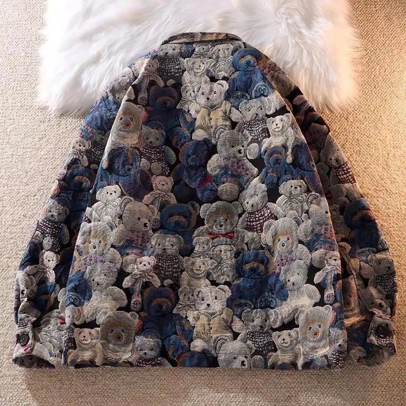 Autumn and Winter Fashion Casual Cute Bear Print Lapel Jacket for Men and Women Single-breasted Jacket  New Women Clothing S4765889