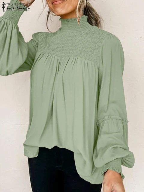 Fashion OL Pleated Tops Tunic Casual Solid Turtleneck Blusas Femininas ZANZEA Puff Sleeve Pleated Blouse Women Oversized Mujer S4477453 - Tuzzut.com Qatar Online Shopping