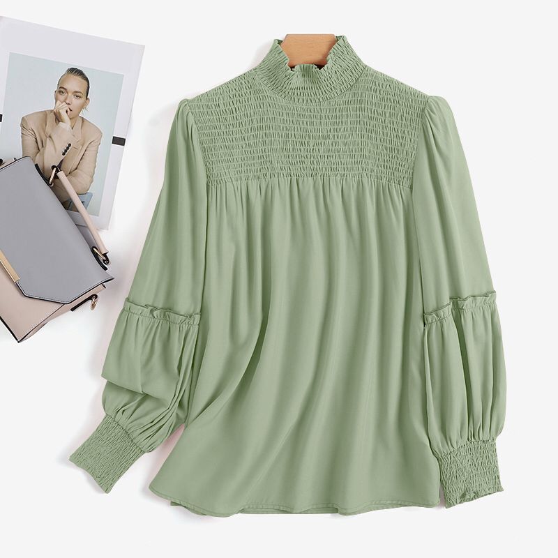 Fashion OL Pleated Tops Tunic Casual Solid Turtleneck Blusas Femininas ZANZEA Puff Sleeve Pleated Blouse Women Oversized Mujer S4477453 - Tuzzut.com Qatar Online Shopping