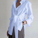 Fashion Women Shirt Blouse Long Sleeve Ruched Solid Color Tie Front Blouse for Office Ladies Elegant Autumn Sky Blue Shirt S2174384 - Tuzzut.com Qatar Online Shopping