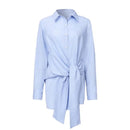 Fashion Women Shirt Blouse Long Sleeve Ruched Solid Color Tie Front Blouse for Office Ladies Elegant Autumn Sky Blue Shirt S2174384 - Tuzzut.com Qatar Online Shopping