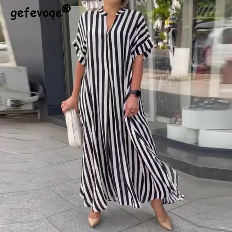 Women's Summer Fashion Striped Printed V Neck Short Sleeve Split Long Shirt Dresses Casual Streetwear Oversized Maxi Dress Robes B-25549 - Tuzzut.com Qatar Online Shopping