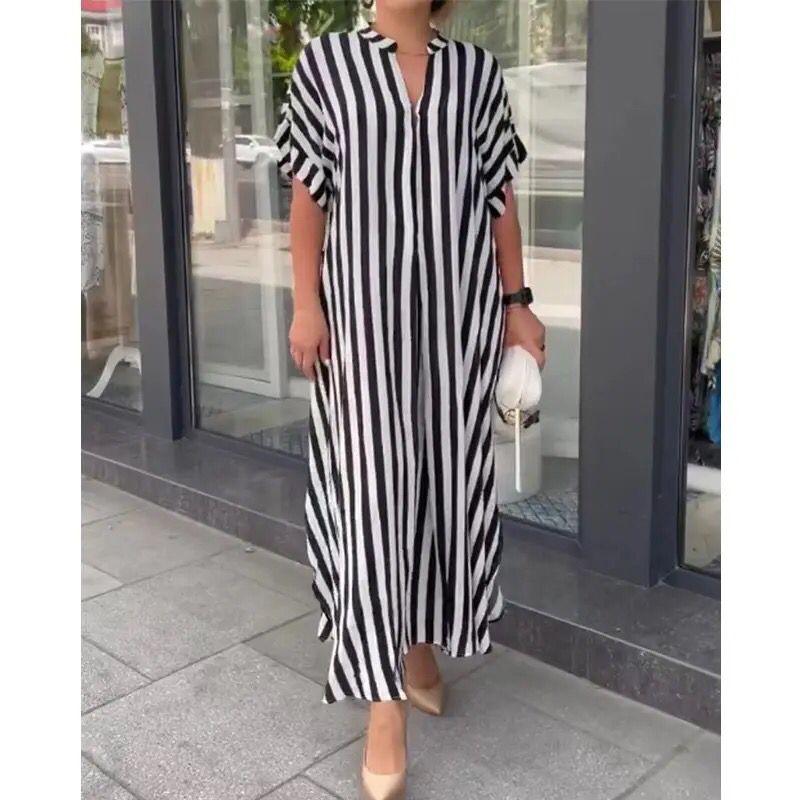 Women's Summer Fashion Striped Printed V Neck Short Sleeve Split Long Shirt Dresses Casual Streetwear Oversized Maxi Dress Robes B-25549 - Tuzzut.com Qatar Online Shopping