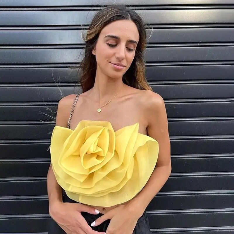 Mesh Yellow Rose Floral Top Autumn Winter Fashion Sleeveless Crop Tops Sets Christmas Party Women Blusas Mujer B-20136