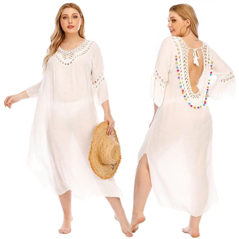 Plus Size White Beach Cover Up Summer Dress Cotton Tunic Beach Kaftan Women Beachwear Backless Swimsuit Cover Up Robe de plage B-26305 - Tuzzut.com Qatar Online Shopping