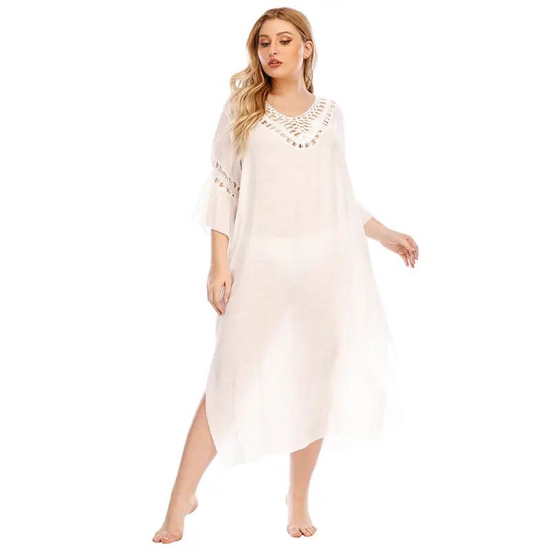 Plus Size White Beach Cover Up Summer Dress Cotton Tunic Beach Kaftan Women Beachwear Backless Swimsuit Cover Up Robe de plage B-26305 - Tuzzut.com Qatar Online Shopping