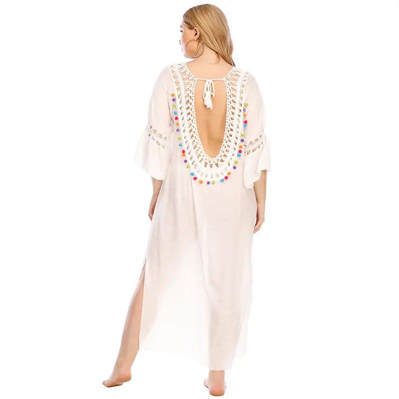 Plus Size White Beach Cover Up Summer Dress Cotton Tunic Beach Kaftan Women Beachwear Backless Swimsuit Cover Up Robe de plage B-26305 - Tuzzut.com Qatar Online Shopping