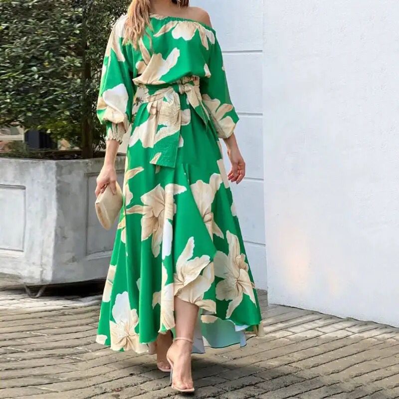 Women Maxi Dress Fashion Casual Floral Print Lantern Long Sleeve Streetwear B-28496 Women Maxi Dress Fashion Casual Floral Print Lantern Long Sleeve Streetwear B-28496