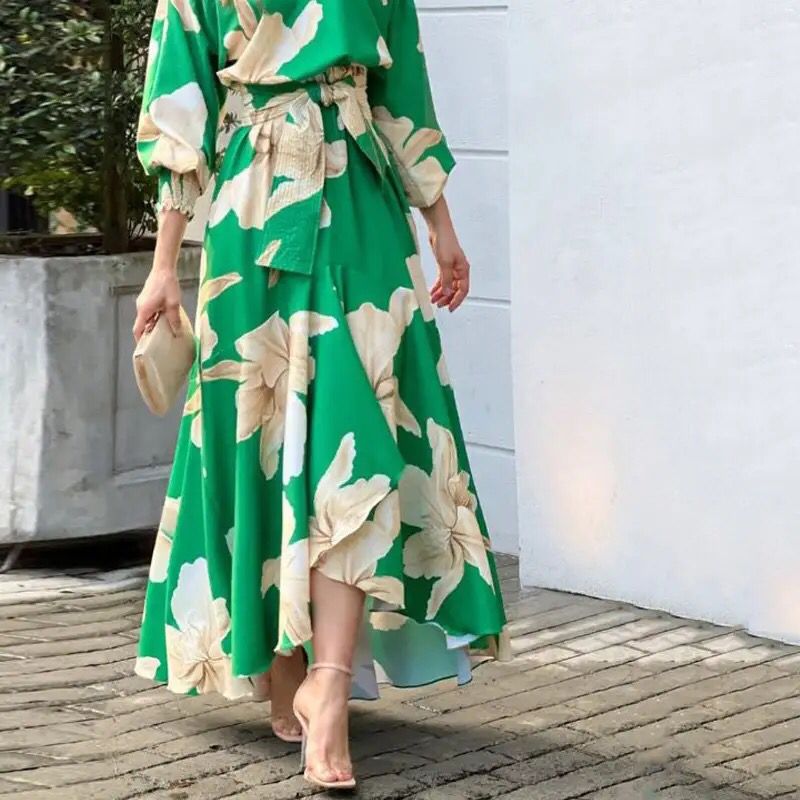 Women Maxi Dress Fashion Casual Floral Print Lantern Long Sleeve Streetwear B-28496 Women Maxi Dress Fashion Casual Floral Print Lantern Long Sleeve Streetwear B-28496
