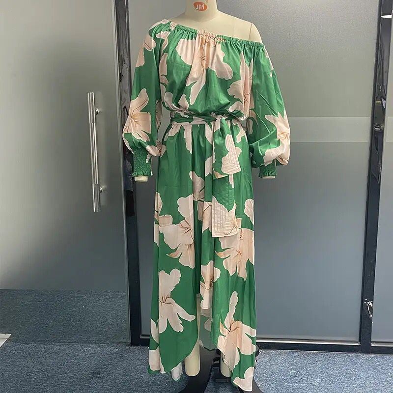 Women Maxi Dress Fashion Casual Floral Print Lantern Long Sleeve Lace Up Sloping Shoulders Dresses High Streetwear B-28496 - Tuzzut.com Qatar Online Shopping