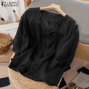 ZANZEA Women Blouse Summer Short Sleeve Shirts Elegant Solid Cotton Tops Tees Kimono Casual Loose Holiday Blusa Chemise Oversize S4635778 - Tuzzut.com Qatar Online Shopping