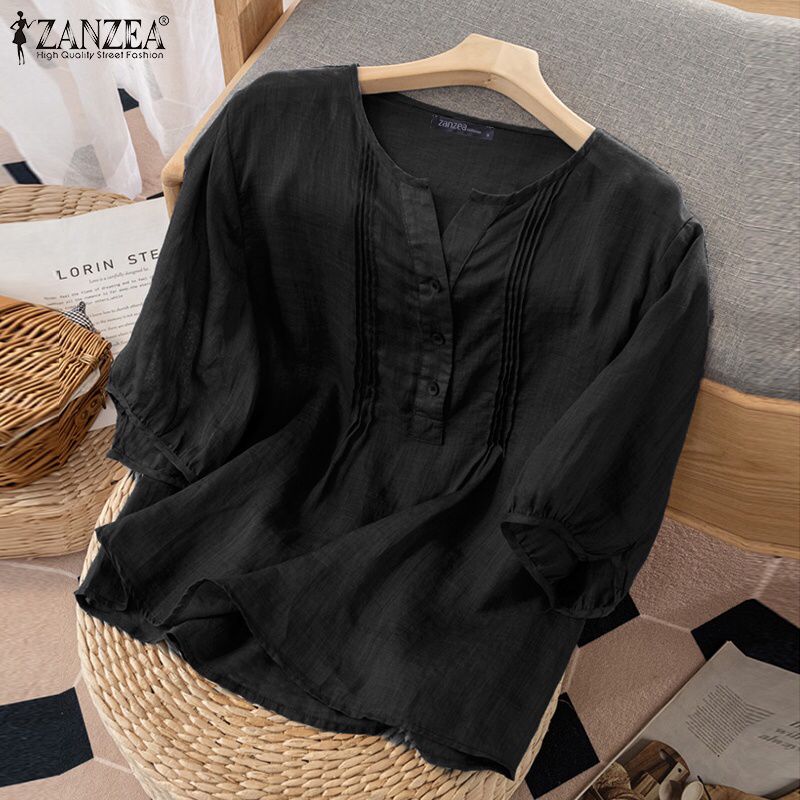 ZANZEA Women Blouse Summer Short Sleeve Shirts Elegant Solid Cotton Tops Tees Kimono Casual Loose Holiday Blusa Chemise Oversize S4635778