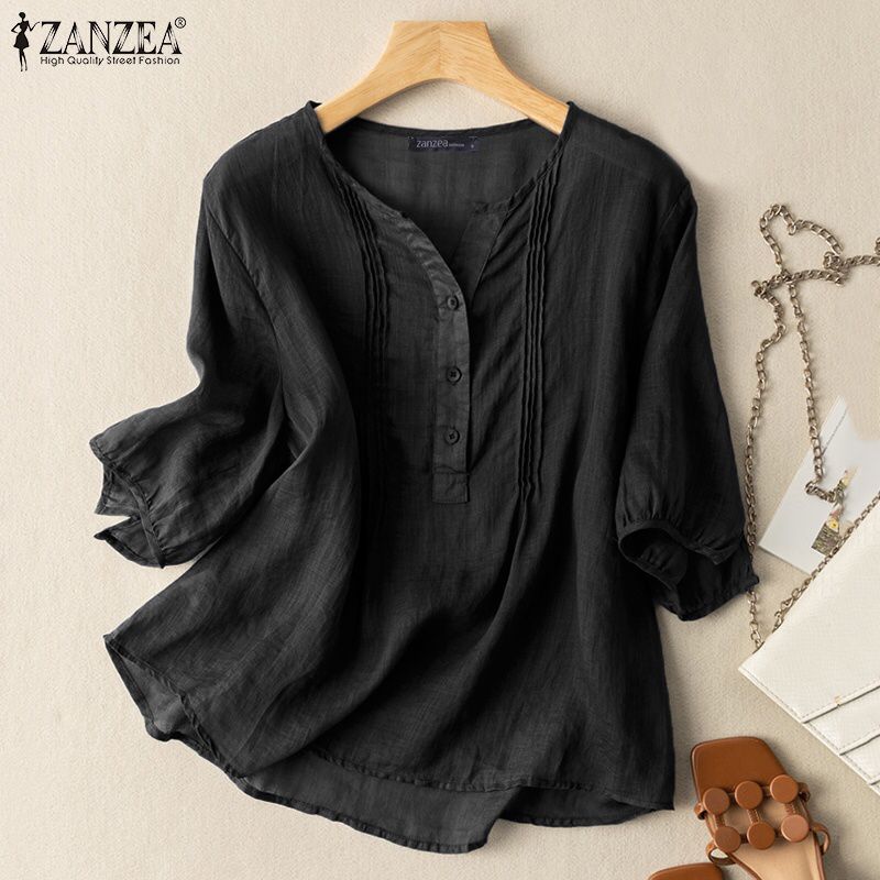 ZANZEA Women Blouse Summer Short Sleeve Shirts Elegant Solid Cotton Tops Tees Kimono Casual Loose Holiday Blusa Chemise Oversize S4635778 - Tuzzut.com Qatar Online Shopping