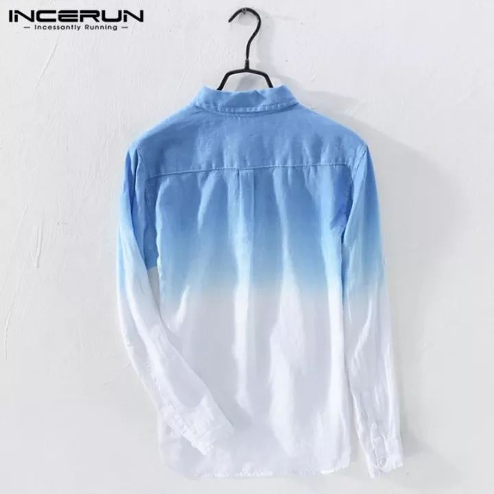 Perfectly INCERUN Men Cotton Linen Gradient Long Sleeve Shirts Casual V Neck Button Fit Tops S3228480 - Tuzzut.com Qatar Online Shopping