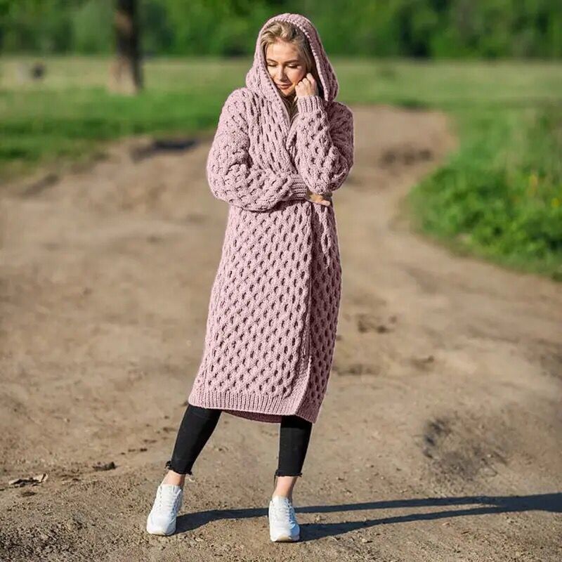Fall and Winter Casual Solid Cardigan Women Hooded Long Knitted Coats Female Oversized big size Overcoats Outwear B-27196 - Tuzzut.com Qatar Online Shopping