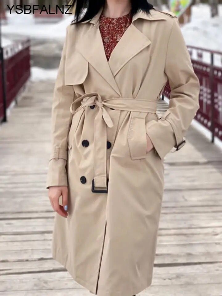 Windbreaker Autumn Winter Women Lapel Double Breasted Trench Coats Office Long With Belt Lining Korean Fashion Clothing 26820 - Tuzzut.com Qatar Online Shopping