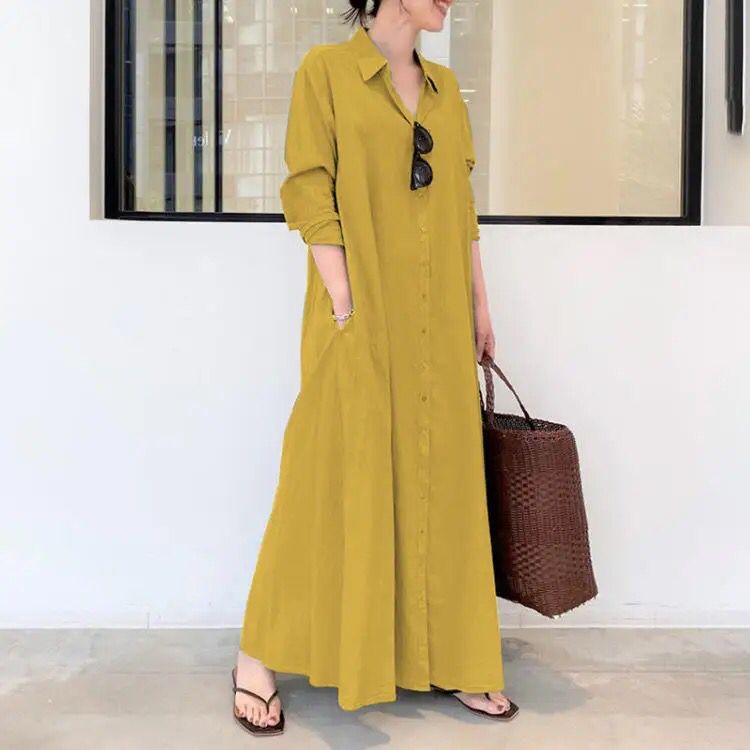 Fashion Women Dress Summer Casual Dresses Linen Vintage Maxi Casual Ladies Shirt Dresses B-15696 - Tuzzut.com Qatar Online Shopping