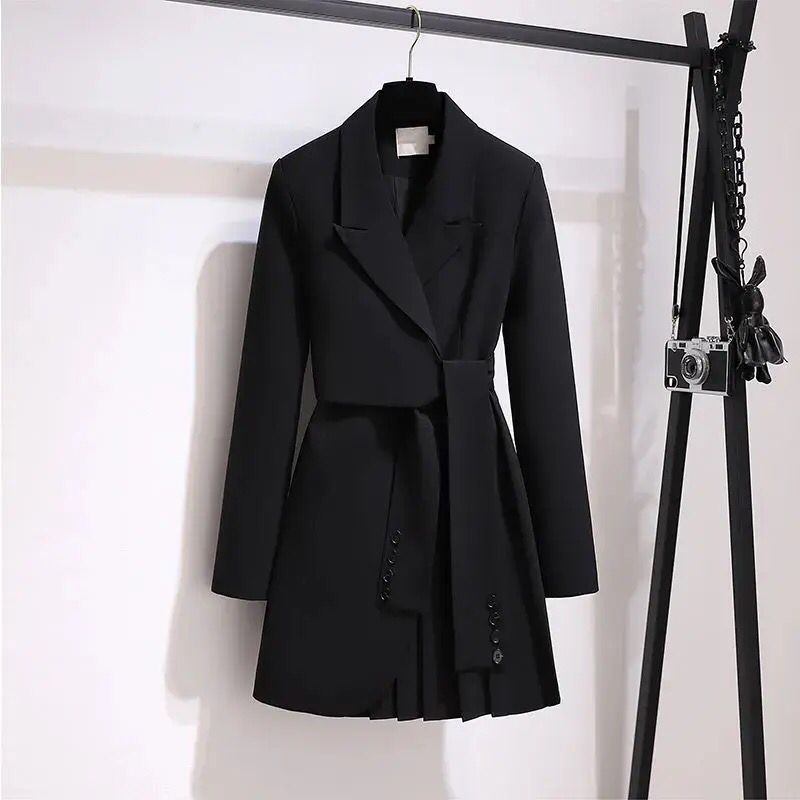 Korea Chic Temperament Autumn New Female Lace Up Waist Notched Long Sleeve Pleated Suit Dress Fashion S109348