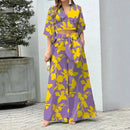 Vacation Floral Women Two Piece Set Fashion V Neck Long Lantern Sleeve Print Loose Wide Legs Pants With Pockets Sets High Street B-20241 - Tuzzut.com Qatar Online Shopping