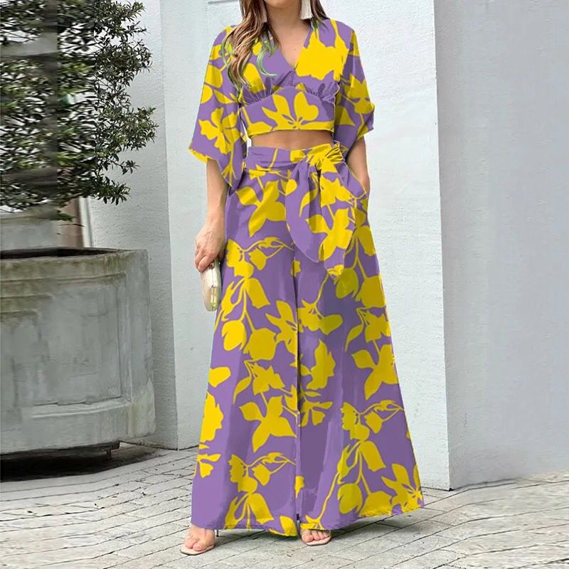 Vacation Floral Women Two Piece Set Fashion V Neck Long Lantern Sleeve Print Loose Wide Legs Pants With Pockets Sets High Street B-20241 Vacation Floral Women Two Piece Set Fashion V Neck Long Lantern Sleeve Print Loose Wide Legs Pants With Pockets Sets High Street B-20241