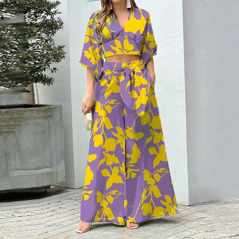 Vacation Floral Women Two Piece Set Fashion V Neck Long Lantern Sleeve Print Loose Wide Legs Pants With Pockets Sets High Street B-20241 - Tuzzut.com Qatar Online Shopping