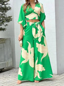 Vacation Floral Women Two Piece Set Fashion V Neck Long Lantern Sleeve Print Loose Wide Legs Pants With Pockets Sets High Street B-20241 - Tuzzut.com Qatar Online Shopping