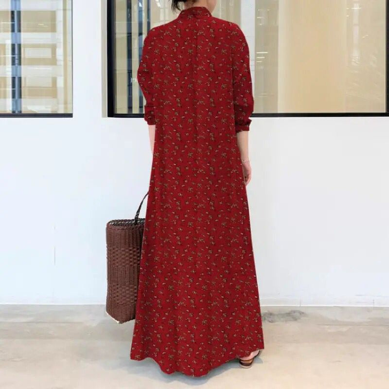 Islam Abaya Dress Cotton and Linen Print Lapel Long Sleeve Abayas for Women Pocket Simple Loose Casual Long Shirt Ladies Dress B-23652 - Tuzzut.com Qatar Online Shopping