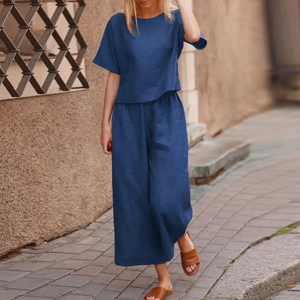 Two Piece Sets Women Summer Casual Cotton Linen O-Neck Tops And Pants Set B-21378 Two Piece Sets Women Summer Casual Cotton Linen O-Neck Tops And Pants Set B-21378