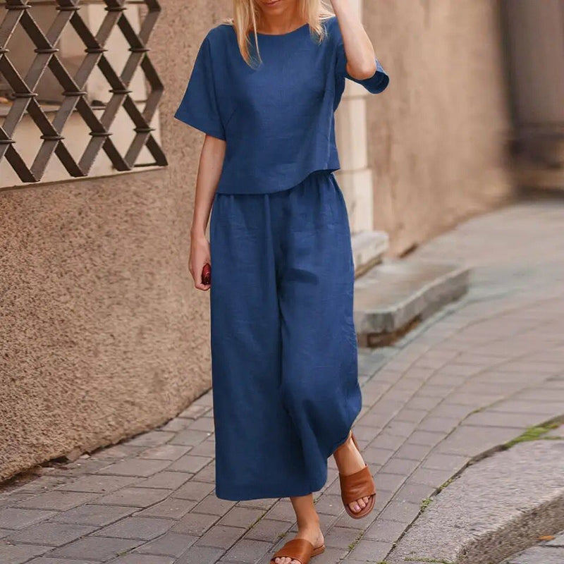 Two Piece Sets Women Summer Casual Cotton Linen O-Neck Tops And Wide Leg Straight Pants Outfits Fashion Solid Ladies Streetwear B-21378 - Tuzzut.com Qatar Online Shopping