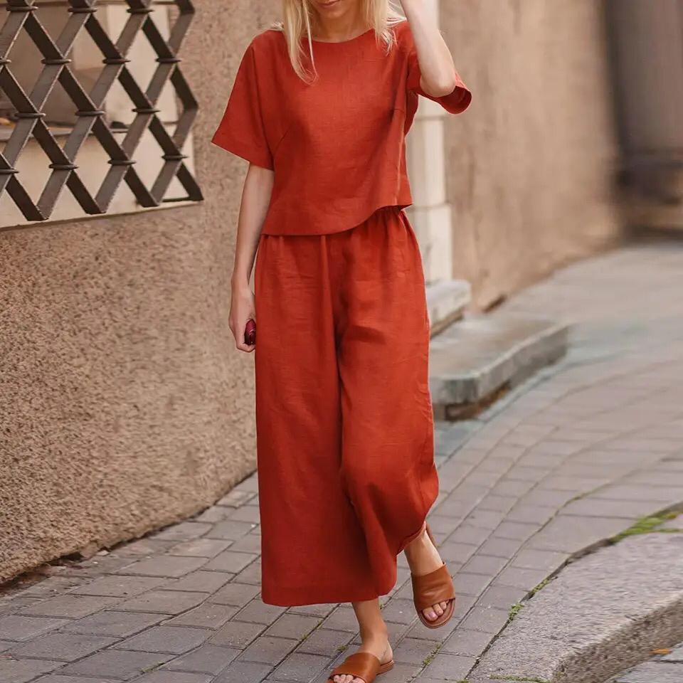 Two Piece Sets Women Summer Casual Cotton Linen O-Neck Tops And Pants Set B-21378 Two Piece Sets Women Summer Casual Cotton Linen O-Neck Tops And Pants Set B-21378