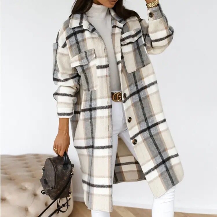 Single Breasted Trench Coat Fashion Long Autumn Winter Women's Clothing Long Sleeve Woolen Plaid Overcoat Coat B-25868 - Tuzzut.com Qatar Online Shopping