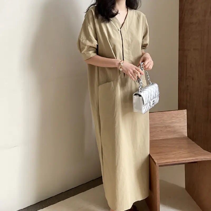 Simple French Style Women Dress Casual V-neck Vestidos Summer Korean Chic Long Solid Straight Short Sleeve Femme Dresses B-25785