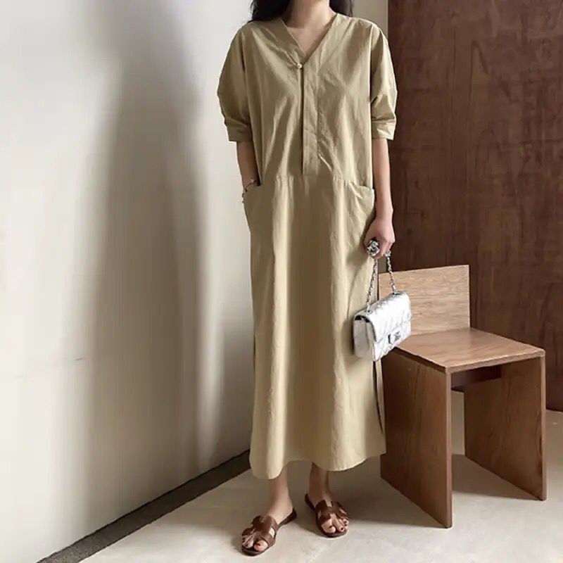 Simple French Style Women Dress Casual V-neck Vestidos Summer Korean Chic Long Solid Straight Short Sleeve Femme Dresses B-25785 Simple French Style Women Dress Casual V-neck Vestidos Summer Korean Chic Long Solid Straight Short Sleeve Femme Dresses B-25785