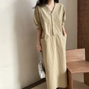 Simple French Style Women Dress Casual V-neck Vestidos Summer Korean Chic Long Solid Straight Short Sleeve Femme Dresses B-25785 - Tuzzut.com Qatar Online Shopping