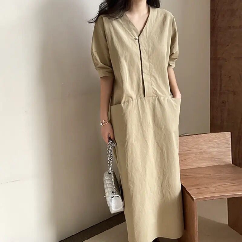 Simple French Style Women Dress Casual V-neck Vestidos Summer Korean Chic Long Solid Straight Short Sleeve Femme Dresses B-25785 Simple French Style Women Dress Casual V-neck Vestidos Summer Korean Chic Long Solid Straight Short Sleeve Femme Dresses B-25785