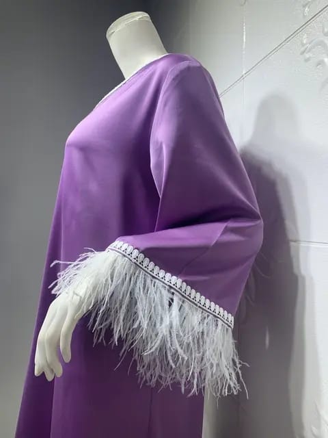 Ostritch Feather Sleeve Robes Muslim Purple Lcae Abaya Dubai Ramadan Abaya Women Muslim Dress S3007756 - Tuzzut.com Qatar Online Shopping