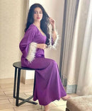 Ostritch Feather Sleeve Robes Muslim Purple Lcae Abaya Dubai Ramadan Abaya Women Muslim Dress S3007756 - Tuzzut.com Qatar Online Shopping