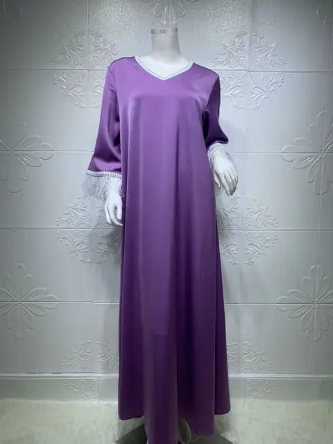 Ostritch Feather Sleeve Robes Muslim Purple Lcae Abaya Dubai Ramadan Abaya Women Muslim Dress S3007756 - Tuzzut.com Qatar Online Shopping