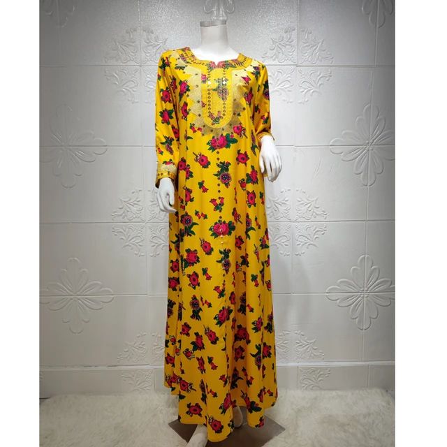 Muslim Fashion Clothes for Women Dubai Abaya Turkey Flower Print Dress Solid Color Loose Casual Modest Clothes Female Ramadan S3423237