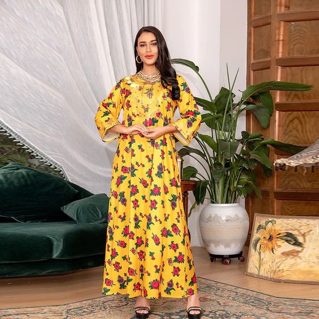 Muslim Fashion Clothes for Women Dubai Abaya Turkey Flower Print Dress Solid Color Loose Casual Modest Clothes Female Ramadan S3423237 - Tuzzut.com Qatar Online Shopping