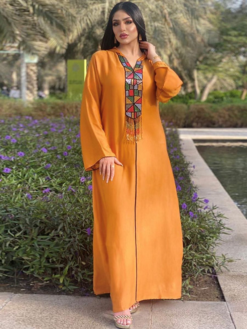 Orange Hooded Dubai Moroccan Luxury Caftan Hat Muslim Fashion Evening Dresses Turkey Woman Plus Size Saudi Abaya Beading Tunic S3820860