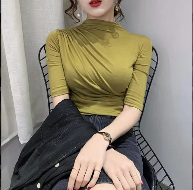 Super Popular Half Turtleneck Solid Color Bottoming Shirt Autumn New Cotton Half Sleeve T-shirt Korean Style Sexy Tee S4795214