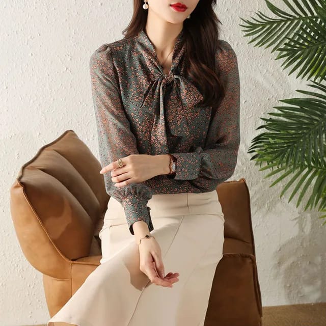 Elegant Bow Collar Floral Chiffon Blouse Lady Casual Dress X4609663 - Tuzzut.com Qatar Online Shopping