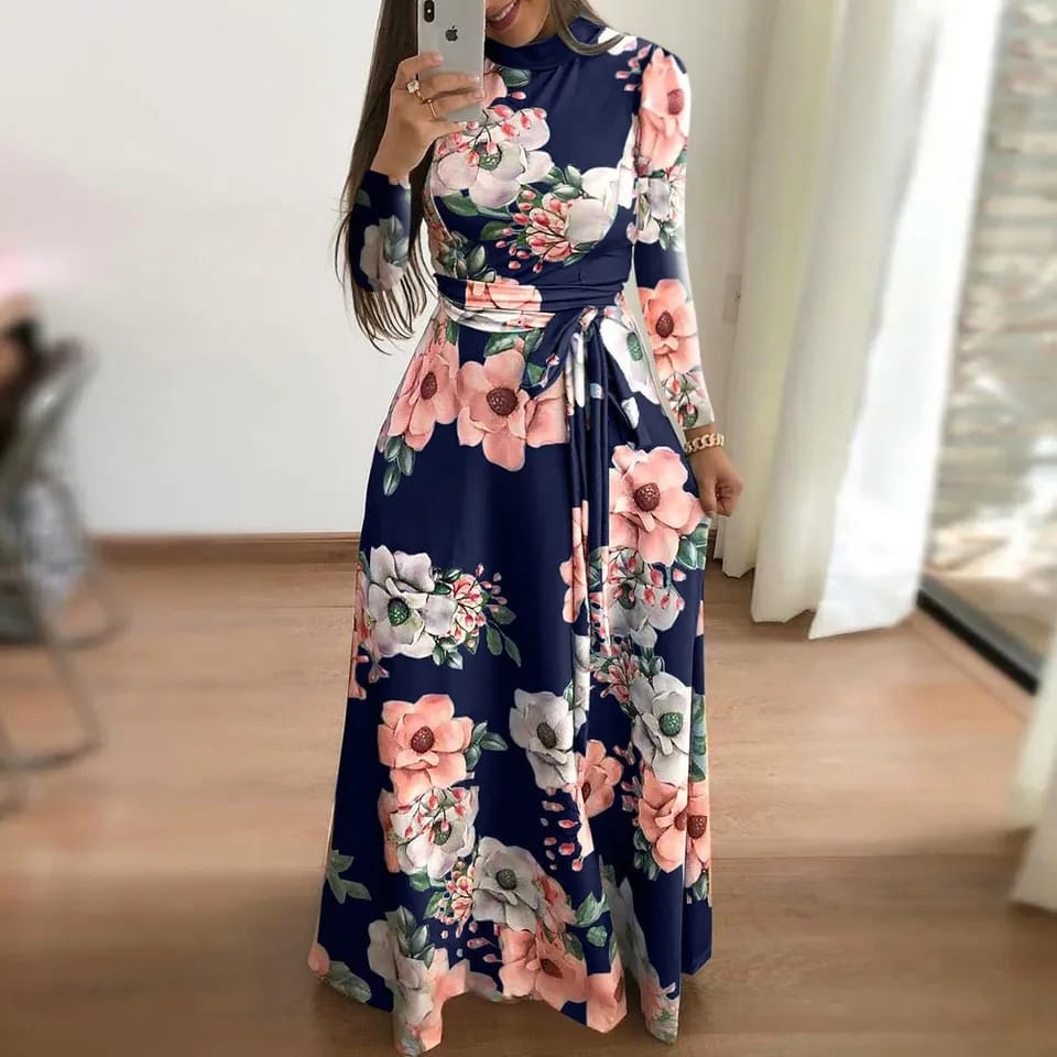 Summer Printed Women's Lace Up A-line Elegant Long Dress S189195 Summer Printed Women's Lace Up A-line Elegant Long Dress S189195
