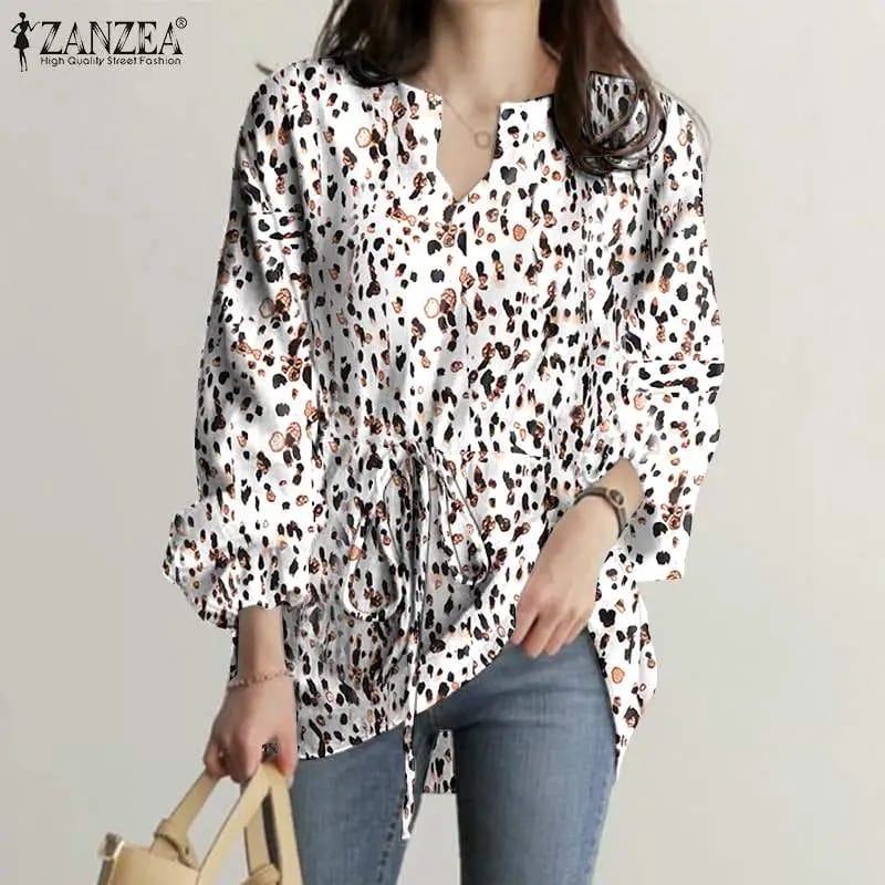 ZANZEA Baggy Leopard Printed Elastic Chemise Long Sleeve Top S4321873 - Tuzzut.com Qatar Online Shopping