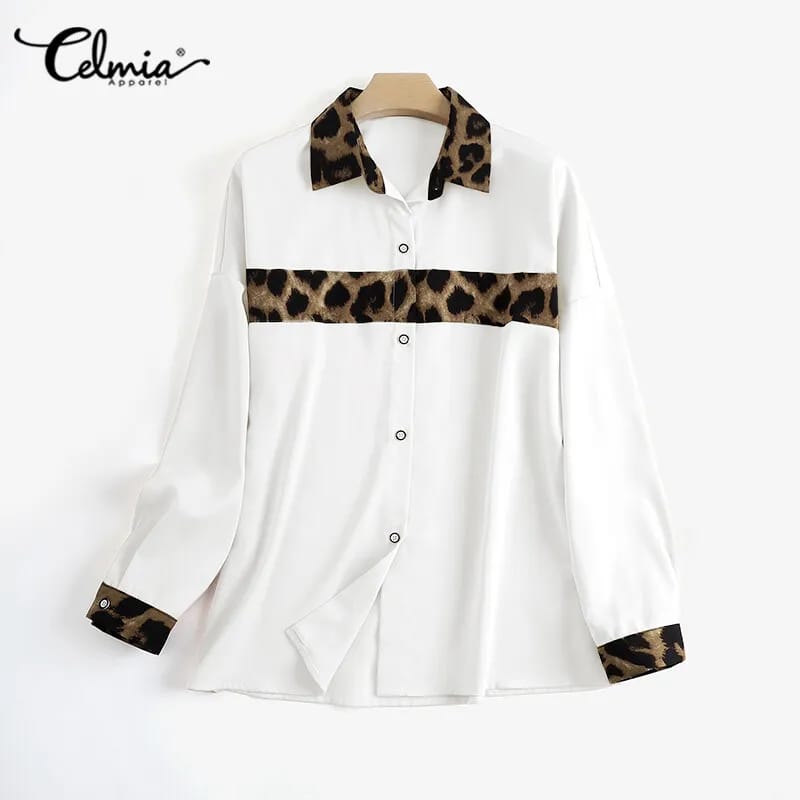 Women's Long Sleeve Leopard Print Patchwork Shirts Formal Party Button Down Top S4521632