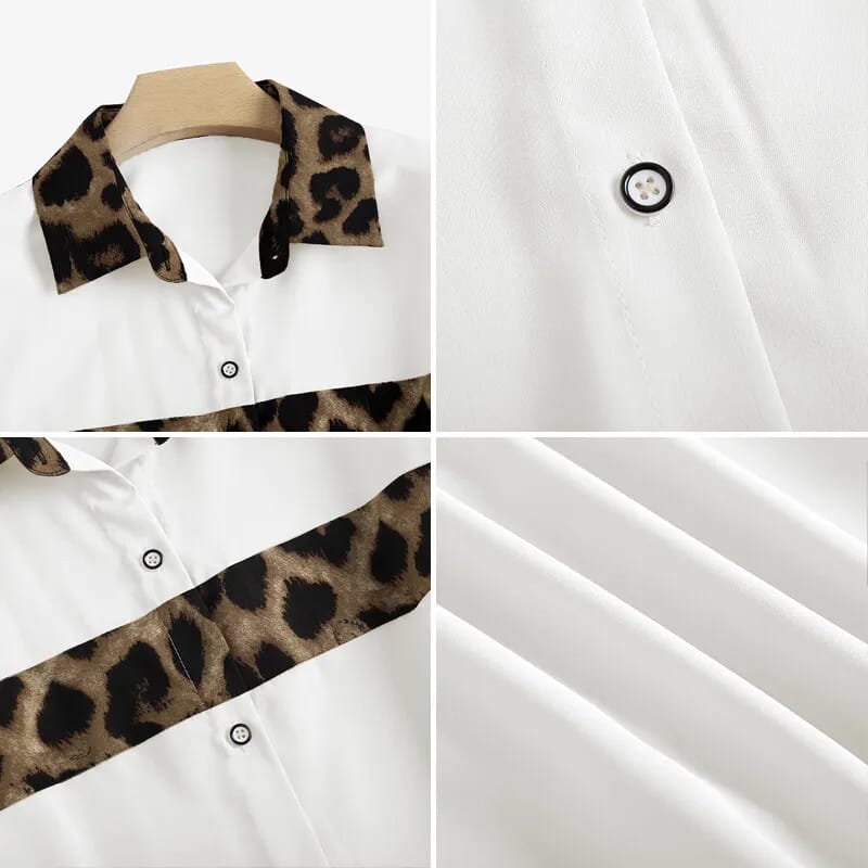 Women's Long Sleeve Leopard Print Patchwork Shirts Formal Party Button Down Top S4521632 - Tuzzut.com Qatar Online Shopping