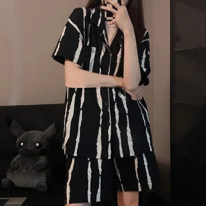 Pajama Black Striped Short-Sleeved Thin Summer Cotton Loose Home Service Suit X4505535 - Tuzzut.com Qatar Online Shopping