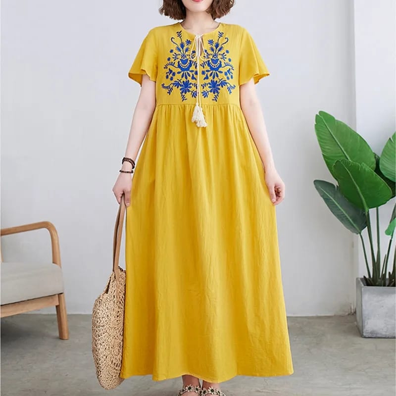 Embroidery Floral Fashion Women Dress Cotton Linen Bandage Short Sleeve Loose Summer Dress X3548239 - Tuzzut.com Qatar Online Shopping