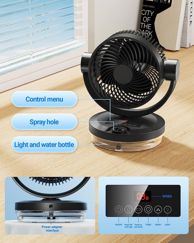 X-18 Air Circulator Fan for Whole Room - 9 Inch Oscillating Fan for Bedroom, Remote Control, 150°- 90° Oscillating,12H Timer and Colorfull Lights, 3 Speeds Misting Fan Office Desktop Home -